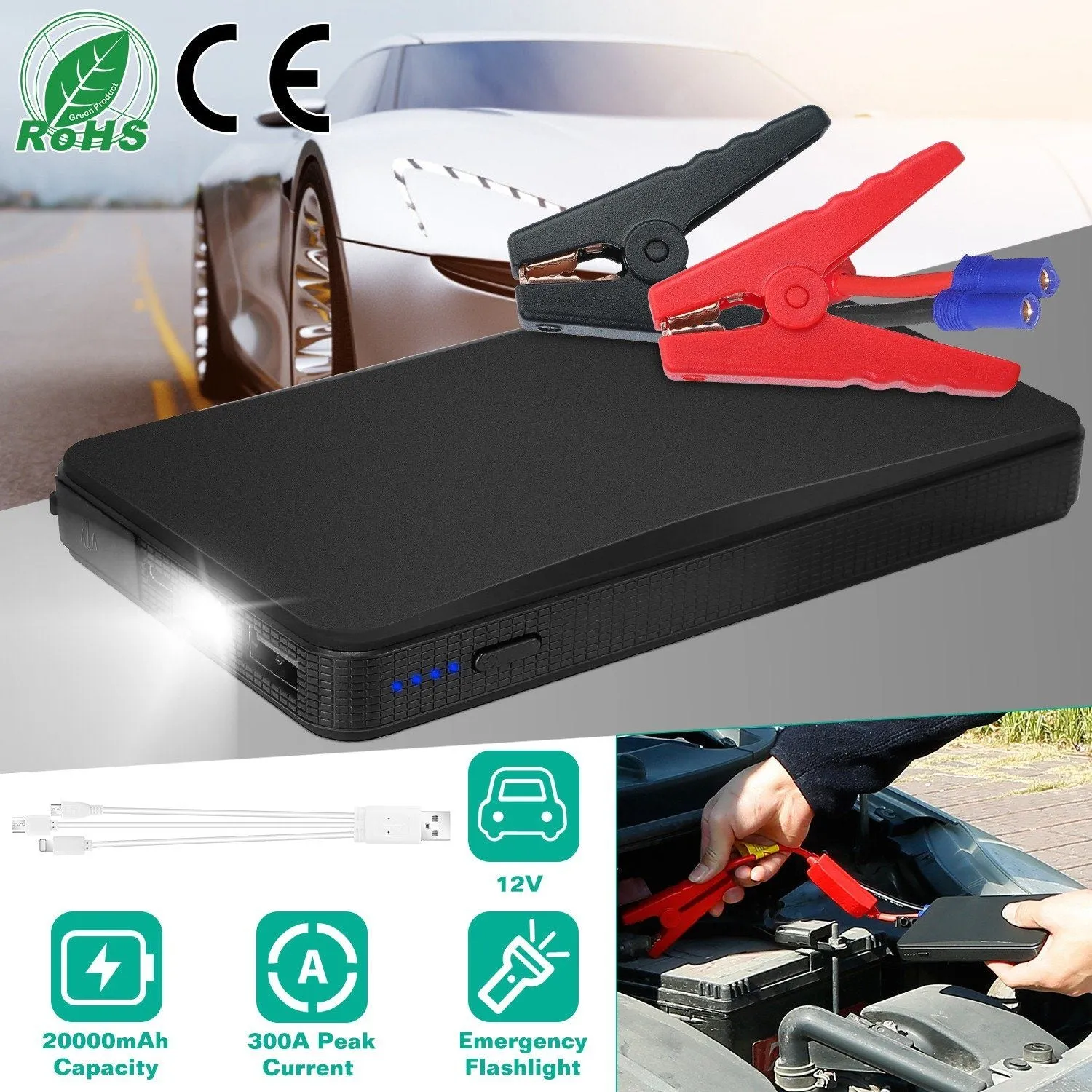 12V Car Jumper Starter 300A Peak 20000 mAh Battery Charger