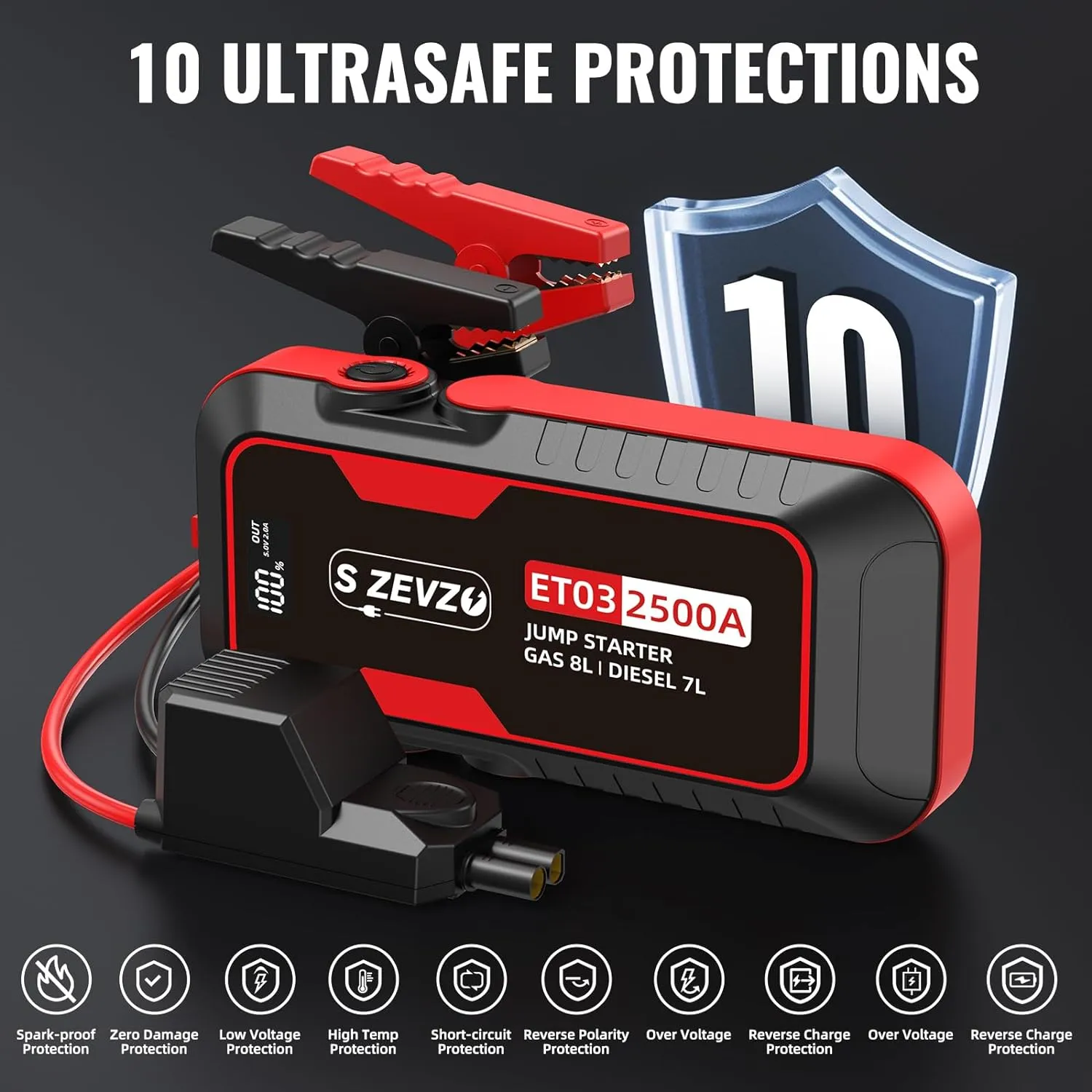 2500A Car Jump Starter with USB Ports, LCD Display, and LED Light