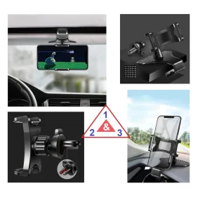 3 in 1 Car GPS Smartphone Holder: Dashboard / Visor Clamp   AC Grid Clip for Blu D090L Dash M2 (2016) - Black