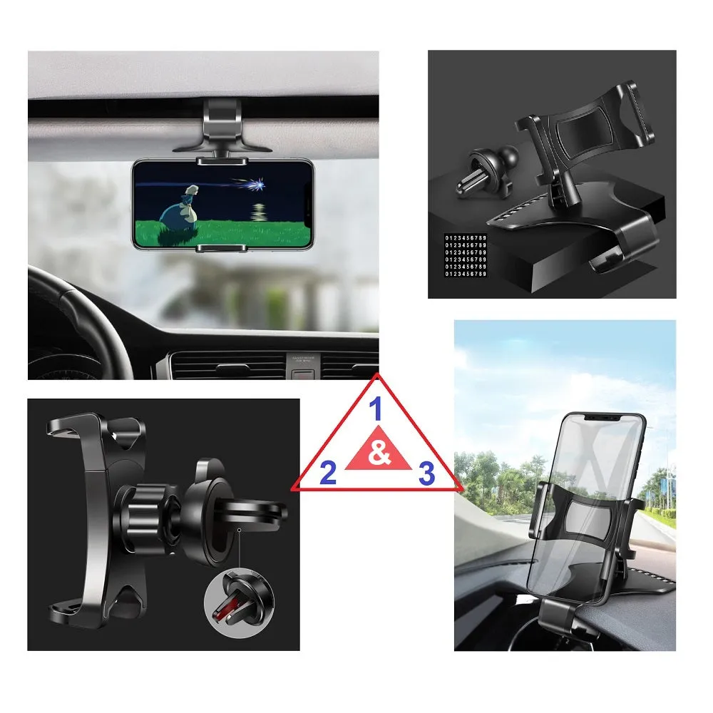 3 in 1 Car GPS Smartphone Holder: Dashboard / Visor Clamp   AC Grid Clip for Blu D090L Dash M2 (2016) - Black