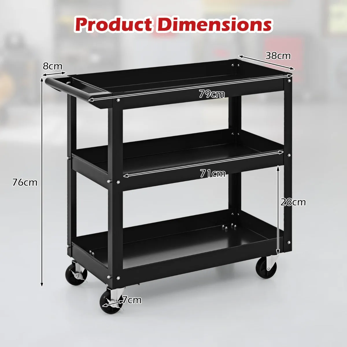 3-Tier Tool Trolley with Handle and Lockable Wheels-Black