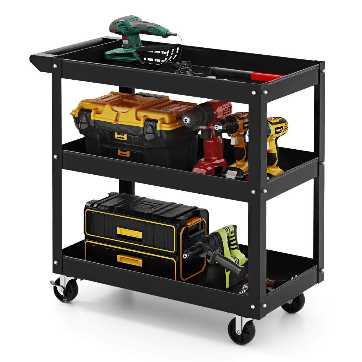 3-Tier Tool Trolley with Handle and Lockable Wheels-Black