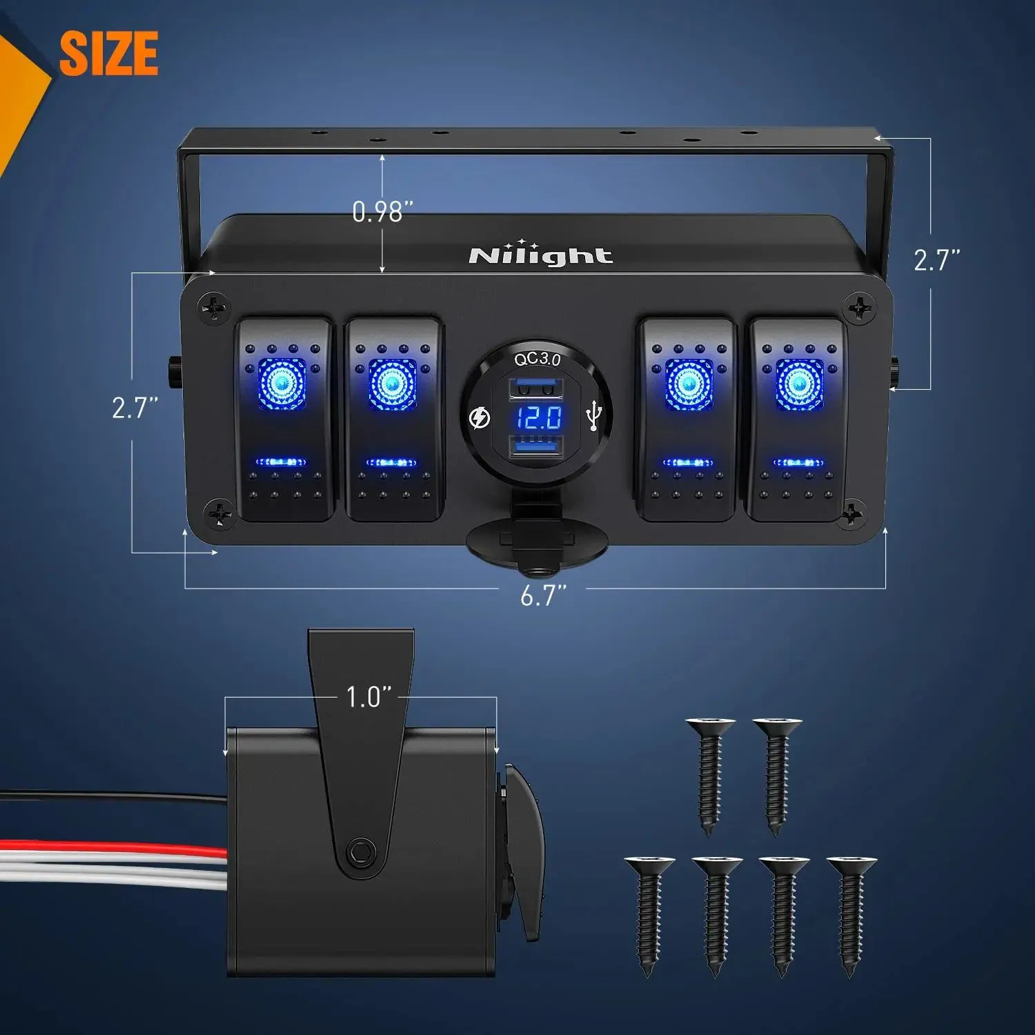 4Gang Aluminum ON/Off Blue Rocker Switch Box w/ QC 3.0 Dual USB Charger Voltmeter