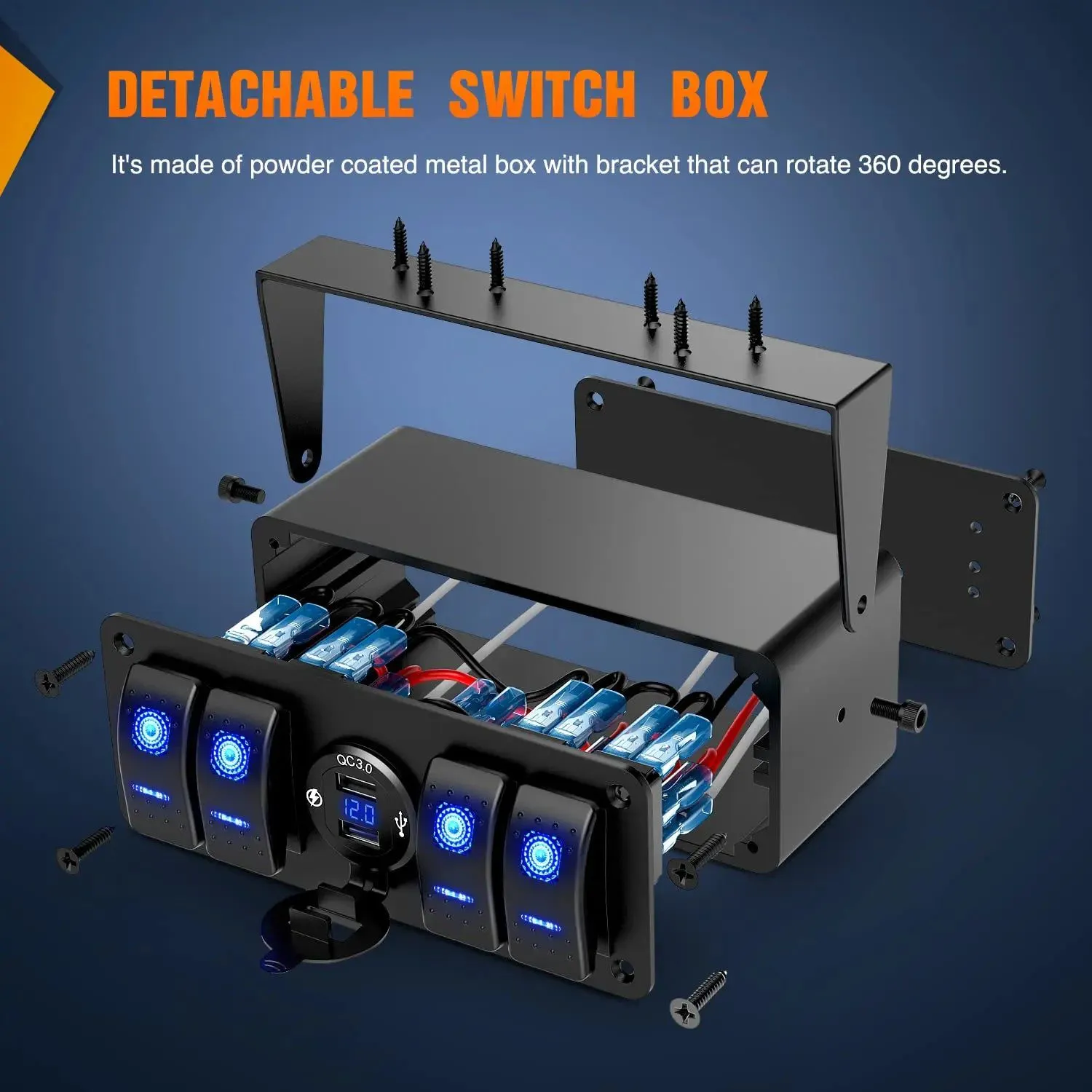4Gang Aluminum ON/Off Blue Rocker Switch Box w/ QC 3.0 Dual USB Charger Voltmeter