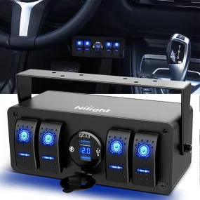 4Gang Aluminum ON/Off Blue Rocker Switch Box w/ QC 3.0 Dual USB Charger Voltmeter
