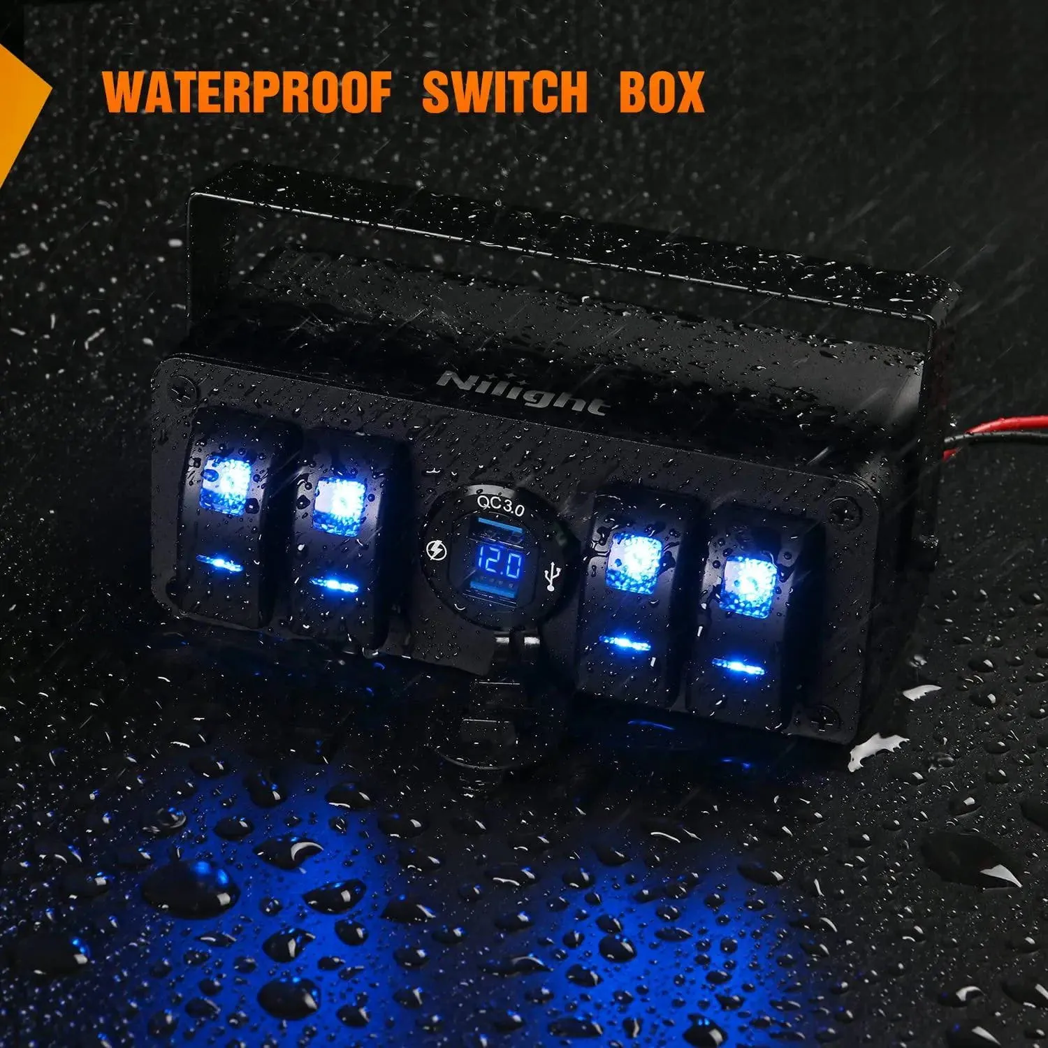 4Gang Aluminum ON/Off Blue Rocker Switch Box w/ QC 3.0 Dual USB Charger Voltmeter