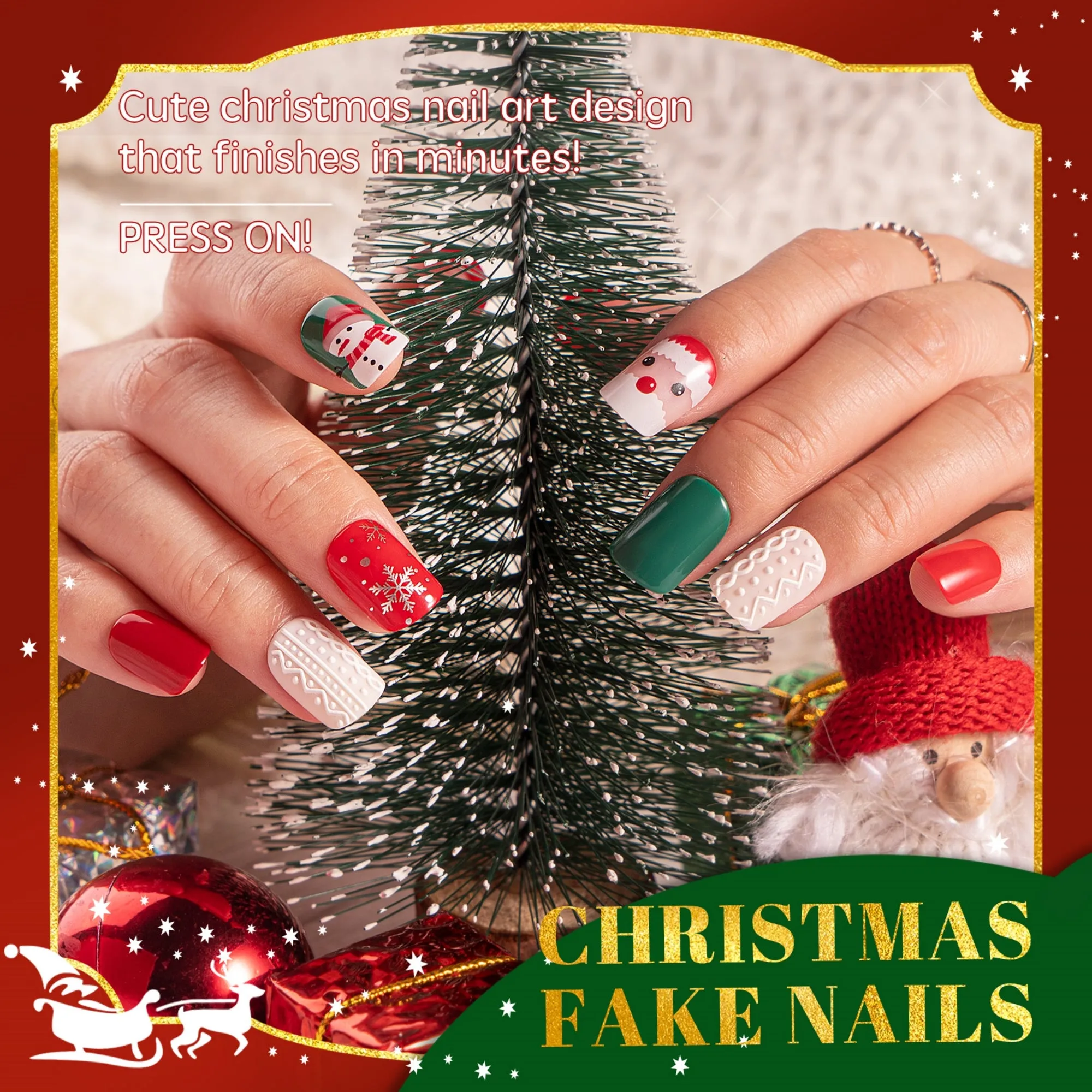 60Pcs Christmas Press on Nails Short, Square Glitter Cute Christmas Fake Nails Design