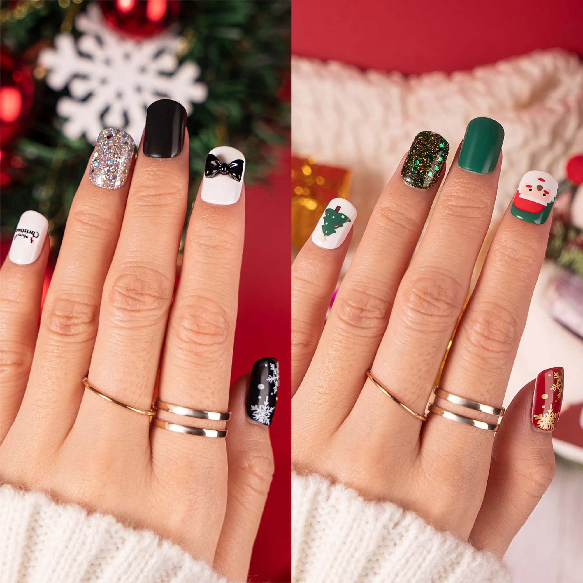 60Pcs Christmas Press on Nails Short, Square Glitter Cute Christmas Fake Nails Design