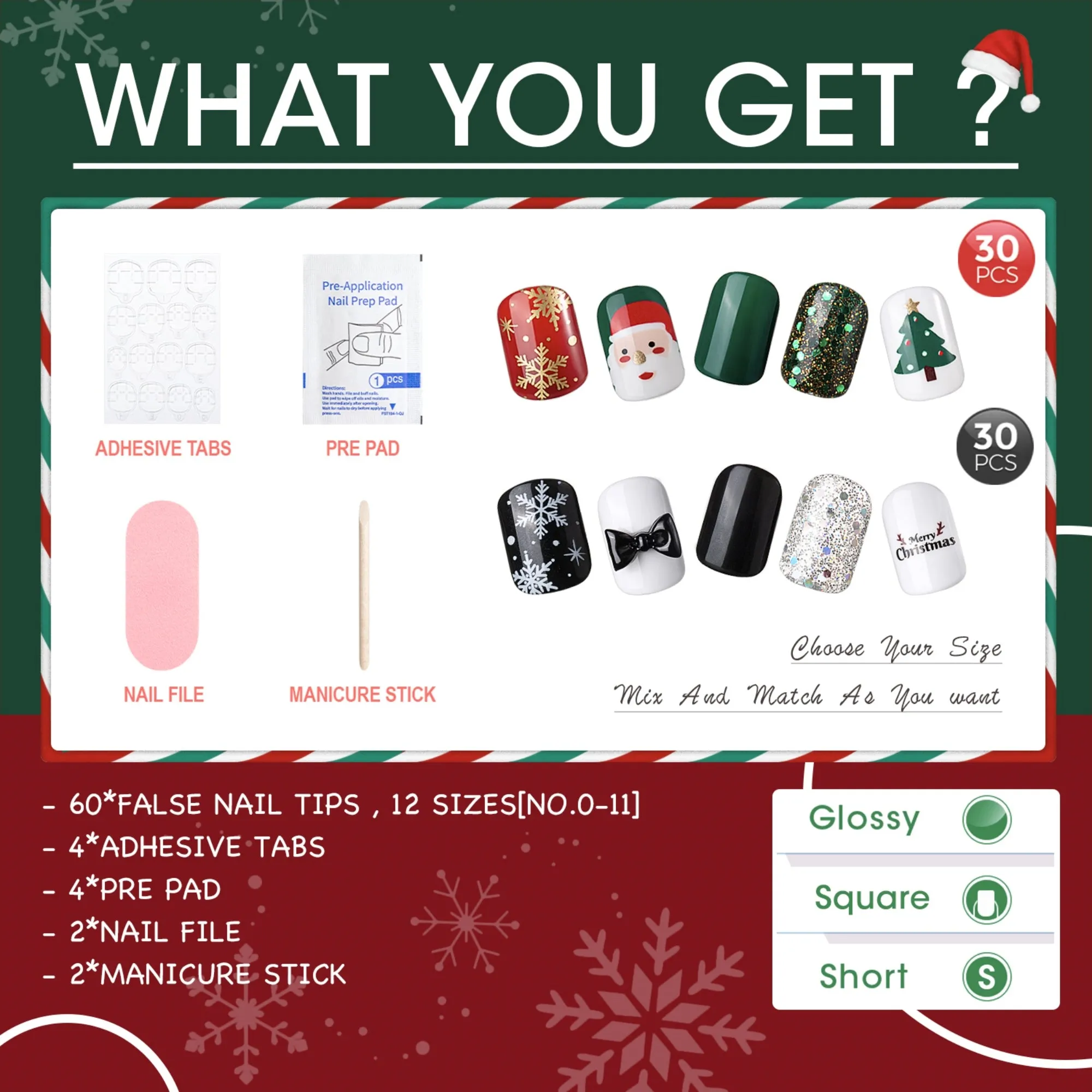 60Pcs Christmas Press on Nails Short, Square Glitter Cute Christmas Fake Nails Design