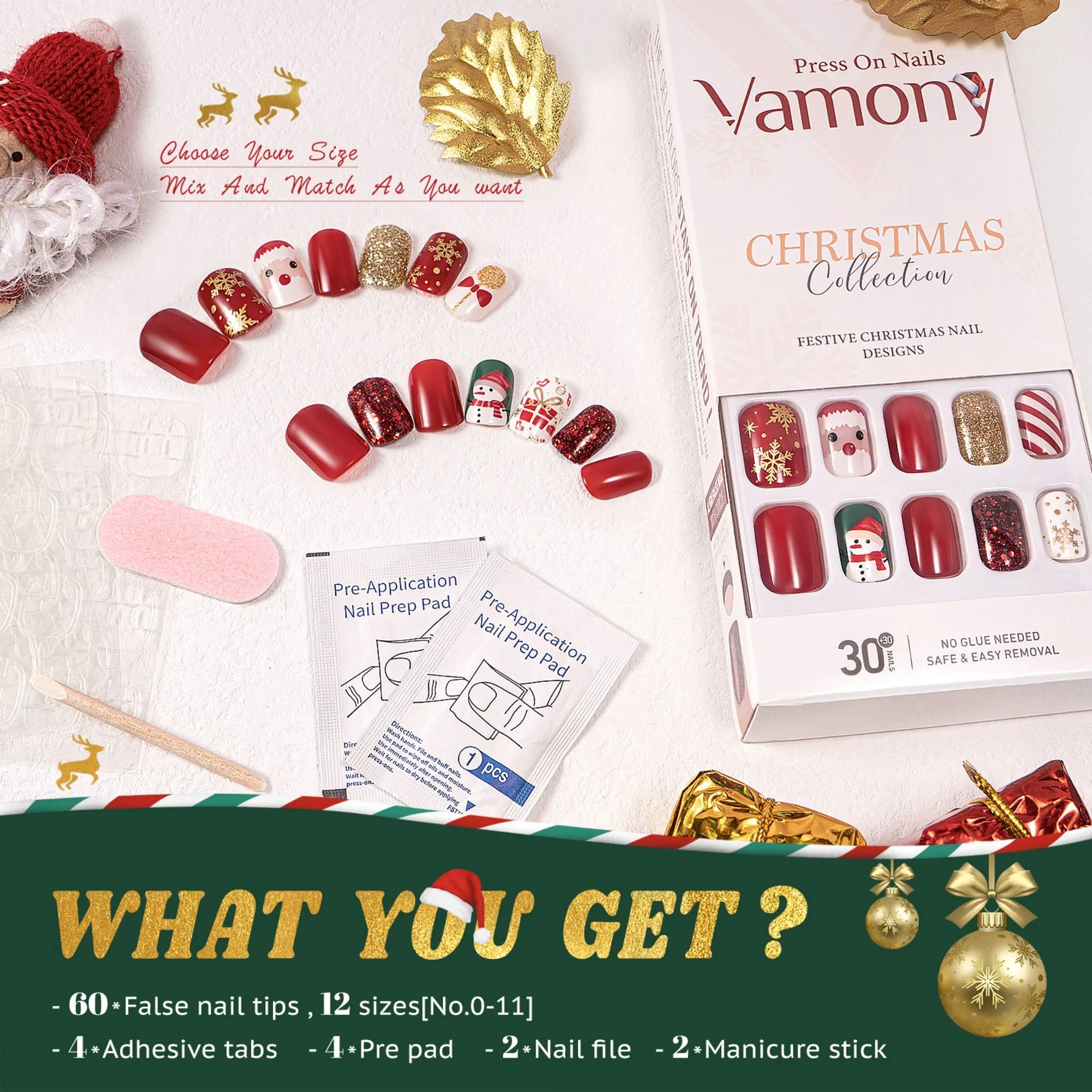 60Pcs Christmas Press on Nails Short, Square Glitter Cute Christmas Fake Nails Design