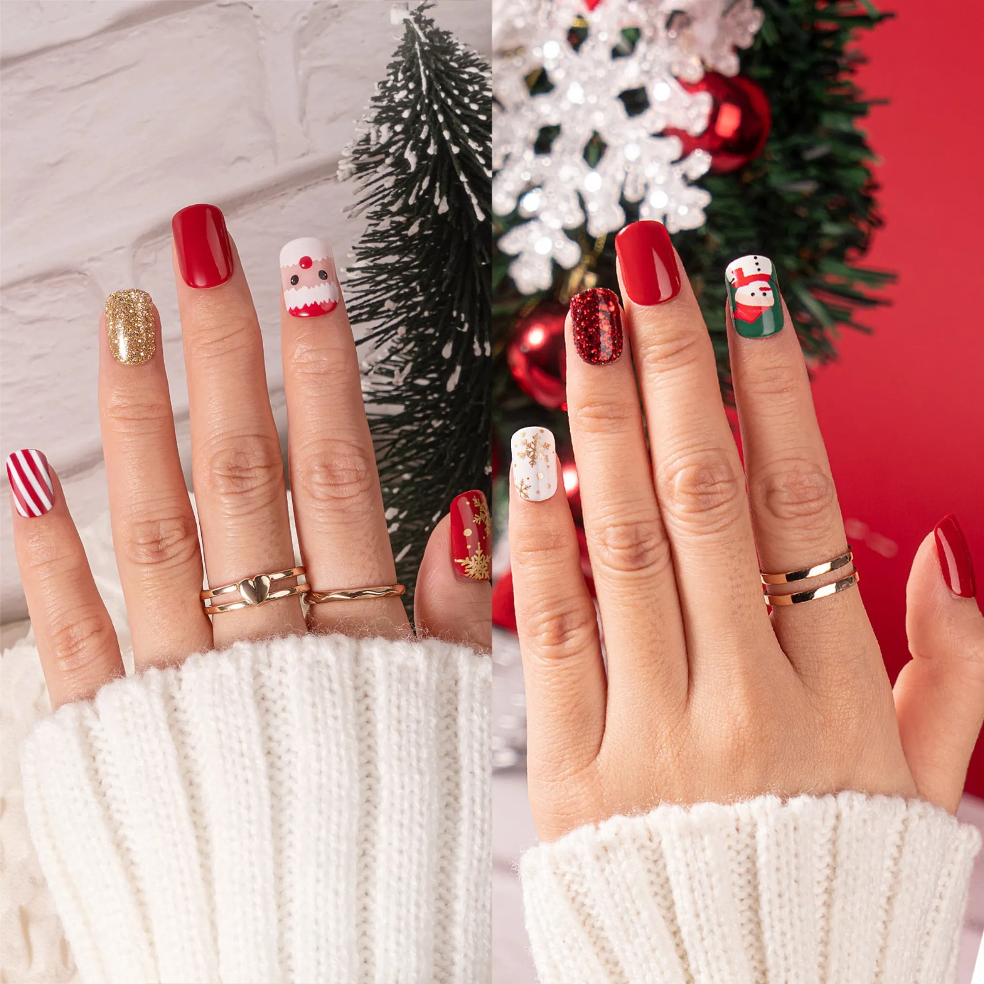 60Pcs Christmas Press on Nails Short, Square Glitter Cute Christmas Fake Nails Design