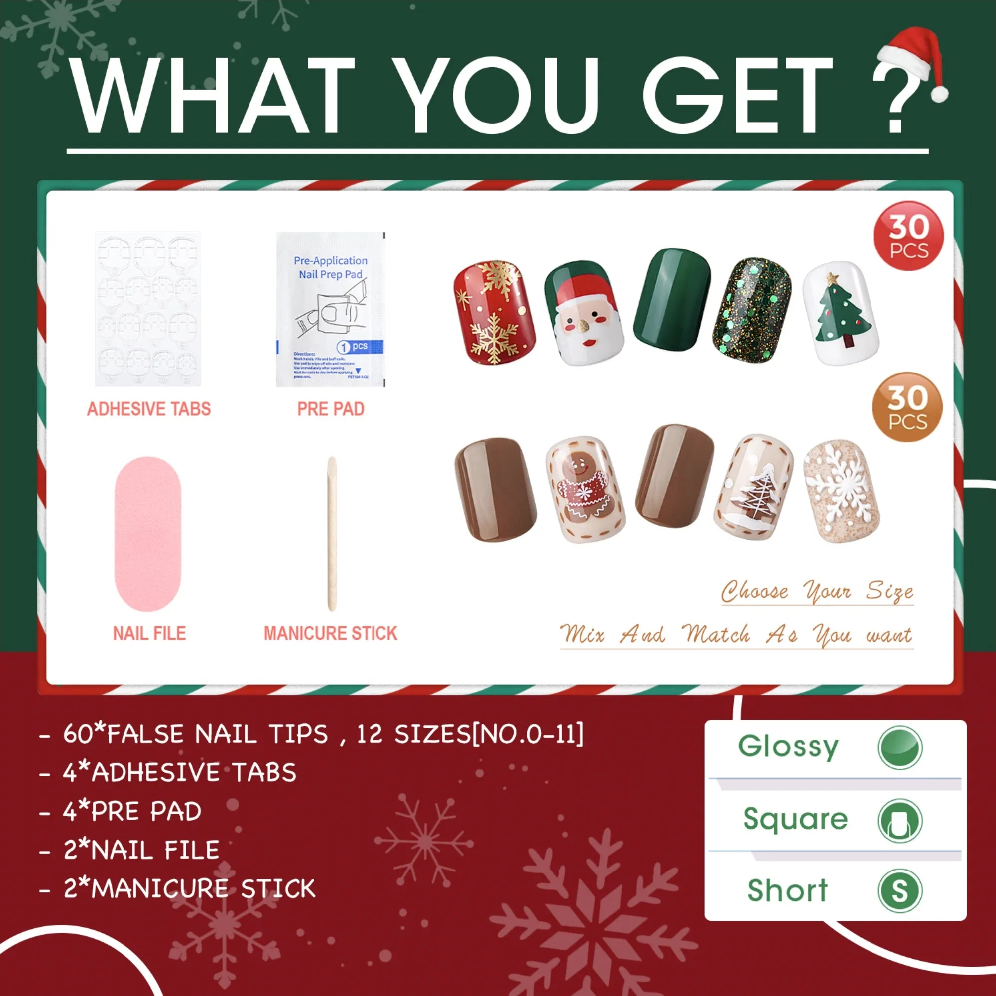 60Pcs Christmas Press on Nails Short, Square Glitter Cute Christmas Fake Nails Design
