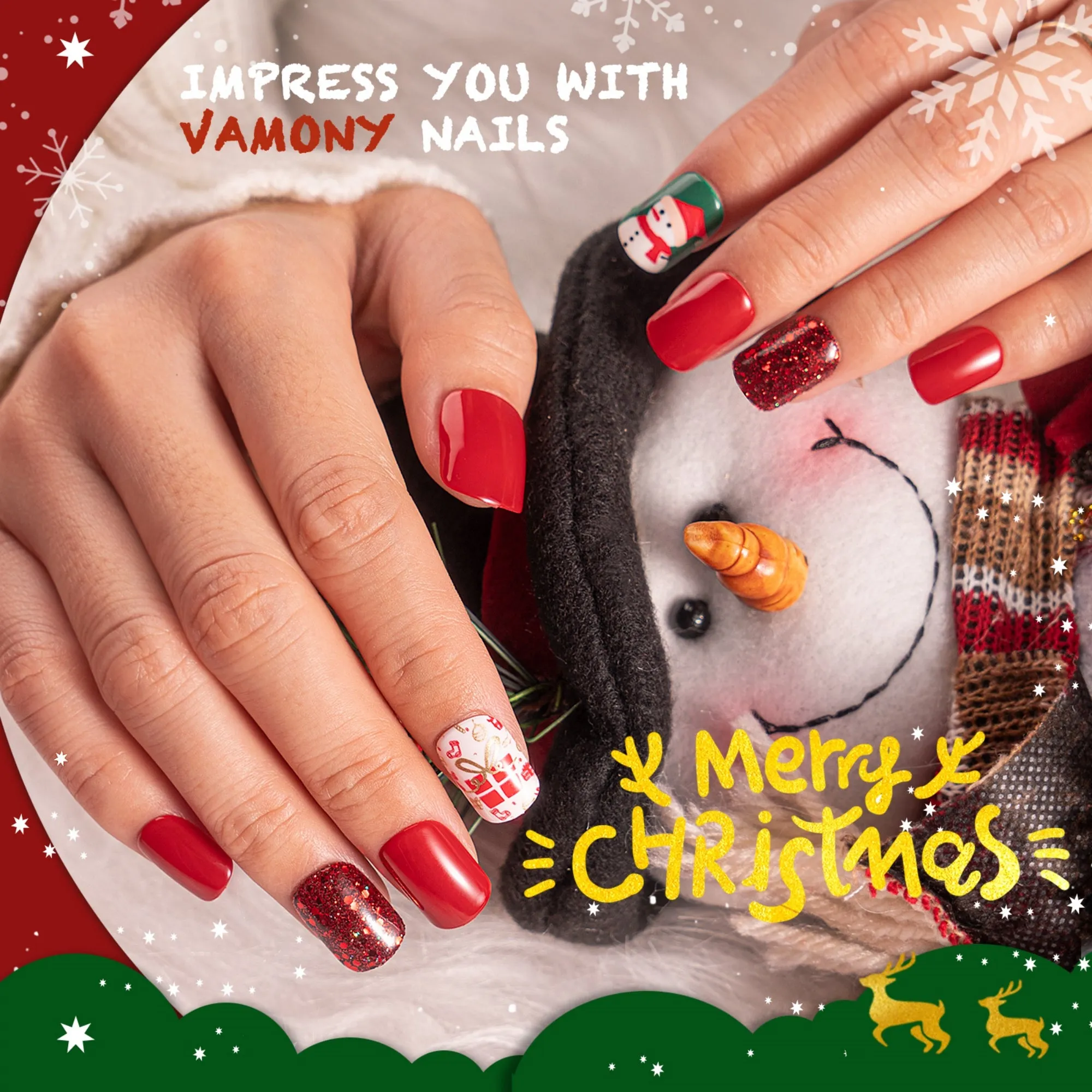 60Pcs Christmas Press on Nails Short, Square Glitter Cute Christmas Fake Nails Design