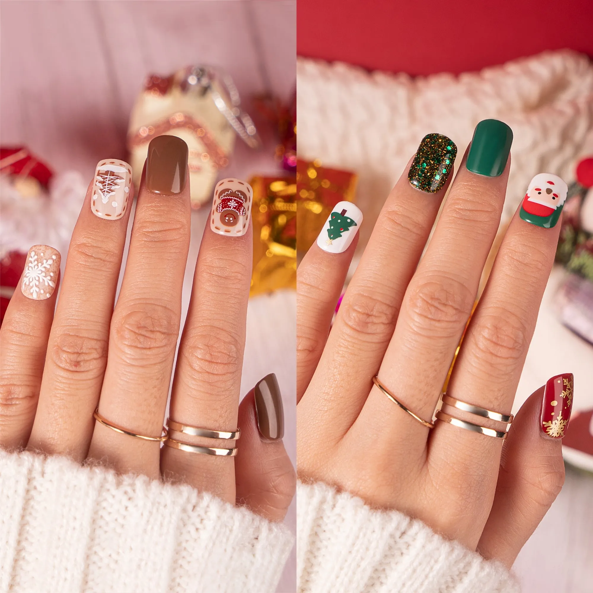 60Pcs Christmas Press on Nails Short, Square Glitter Cute Christmas Fake Nails Design
