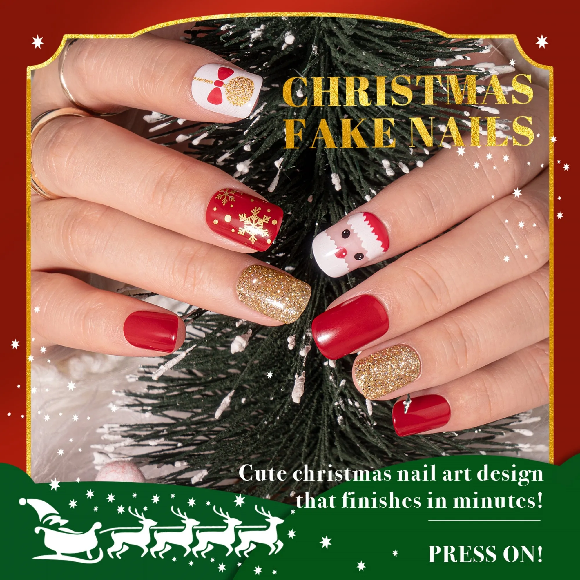 60Pcs Christmas Press on Nails Short, Square Glitter Cute Christmas Fake Nails Design
