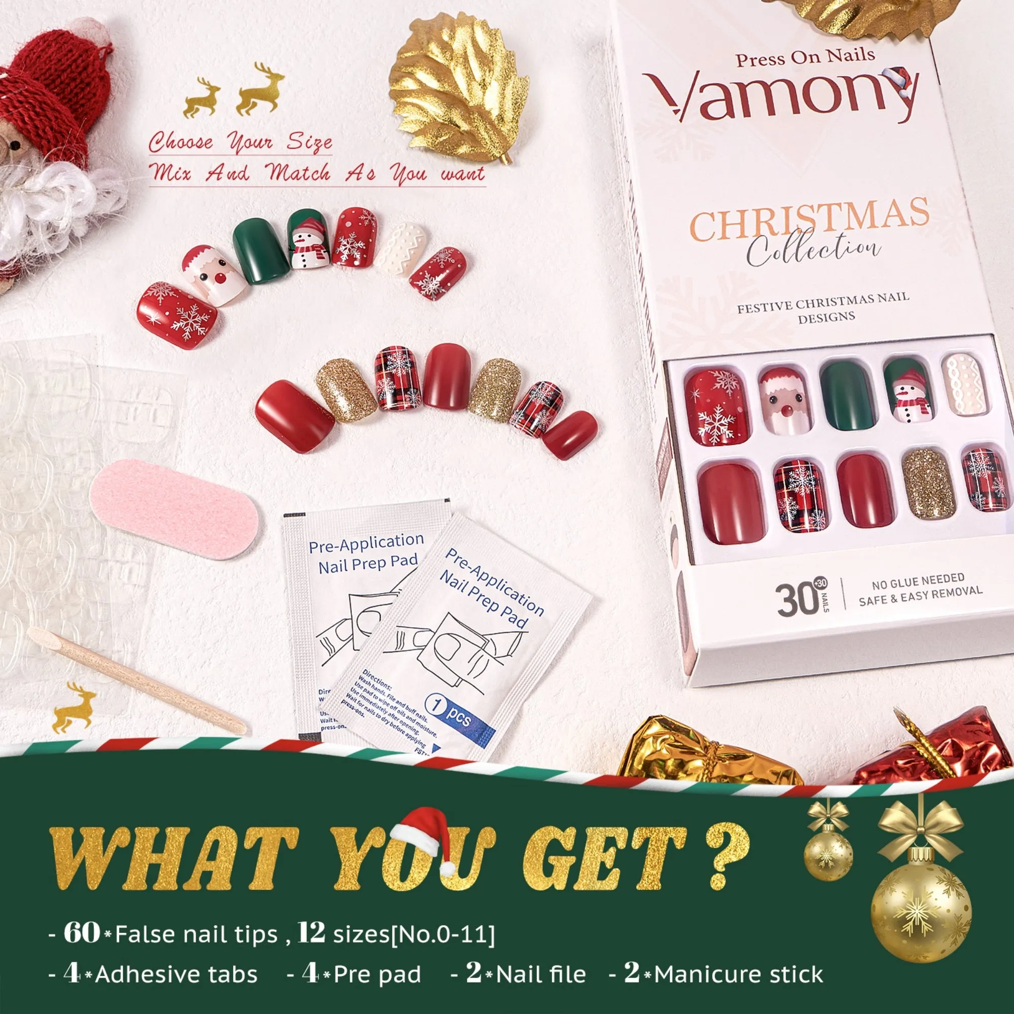 60Pcs Christmas Press on Nails Short, Square Glitter Cute Christmas Fake Nails Design