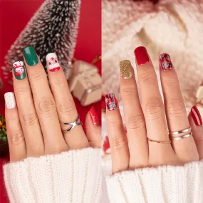 60Pcs Christmas Press on Nails Short, Square Glitter Cute Christmas Fake Nails Design