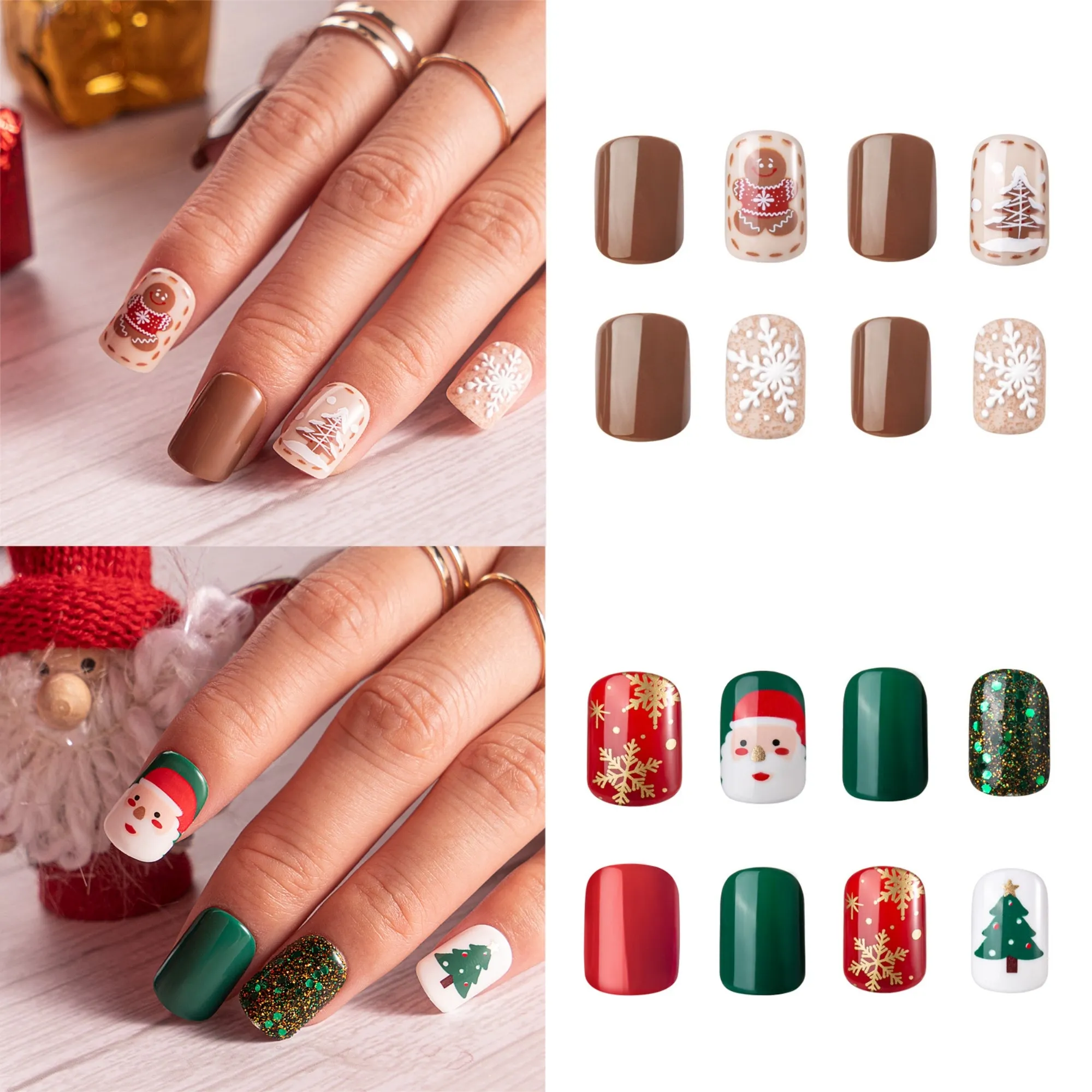 60Pcs Christmas Press on Nails Short, Square Glitter Cute Christmas Fake Nails Design
