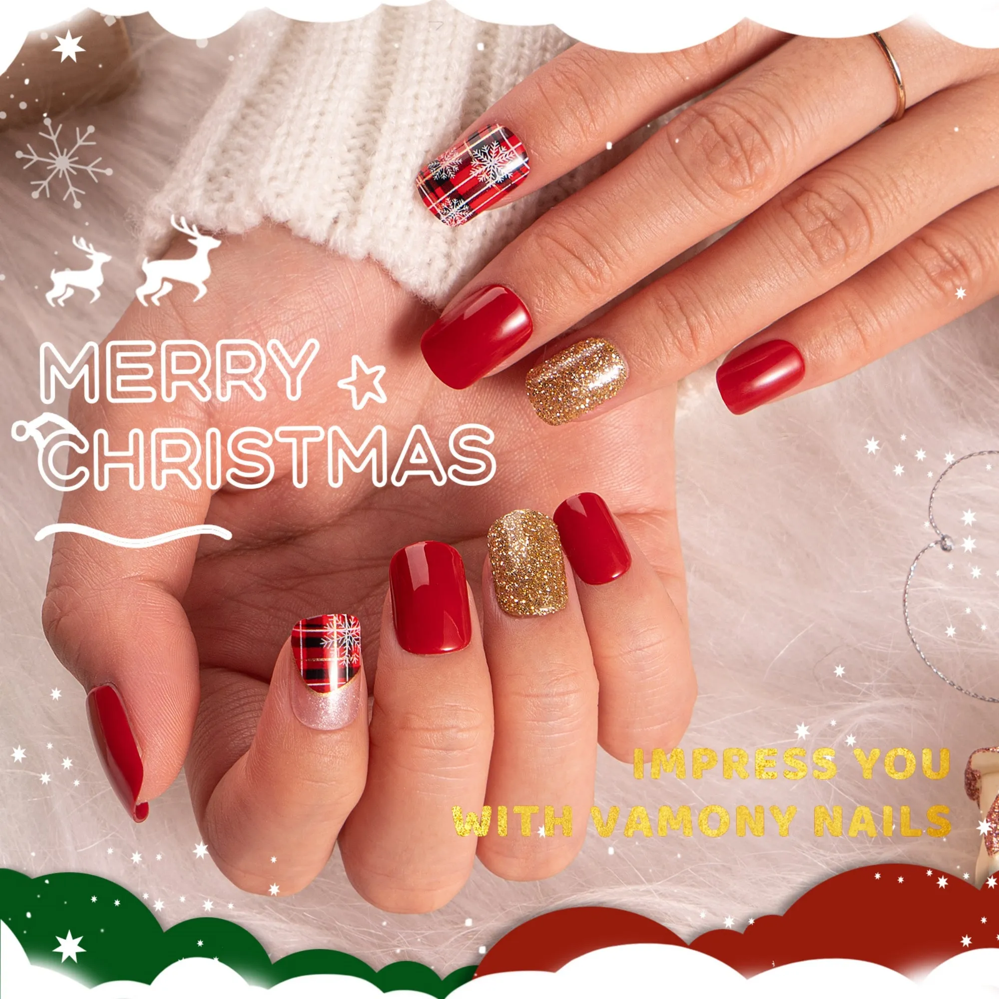 60Pcs Christmas Press on Nails Short, Square Glitter Cute Christmas Fake Nails Design