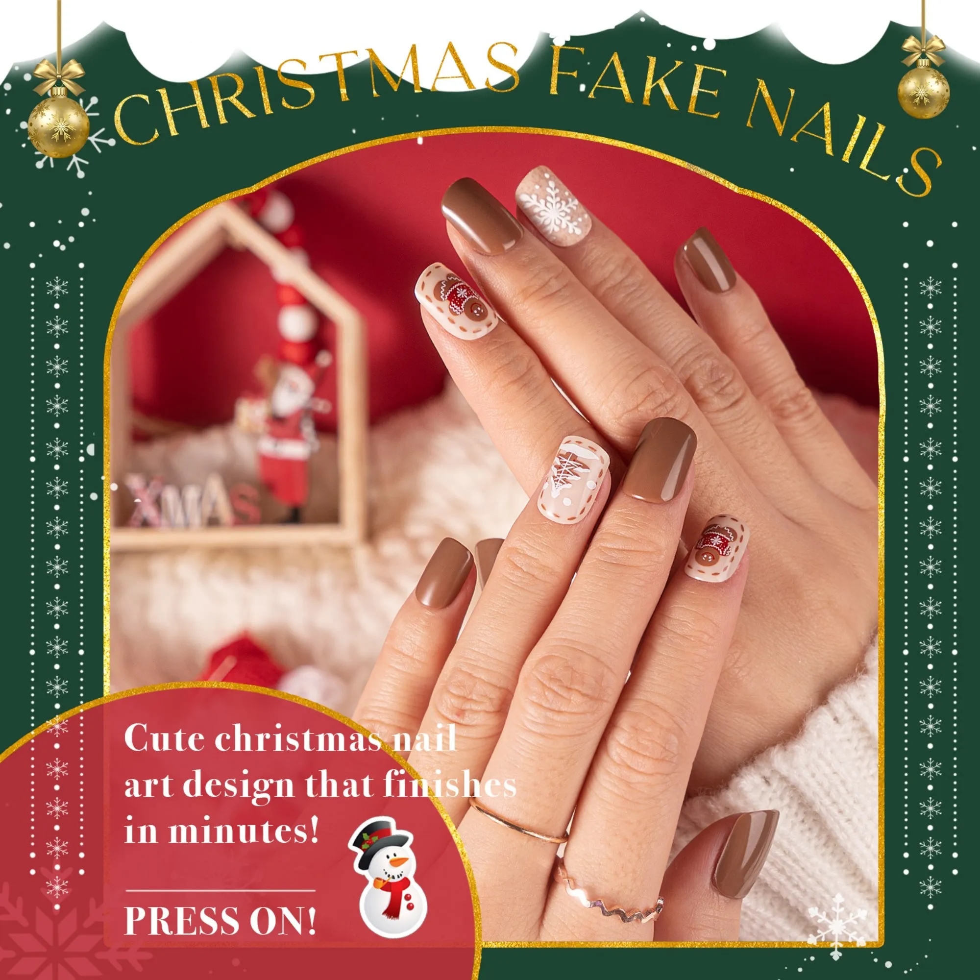 60Pcs Christmas Press on Nails Short, Square Glitter Cute Christmas Fake Nails Design