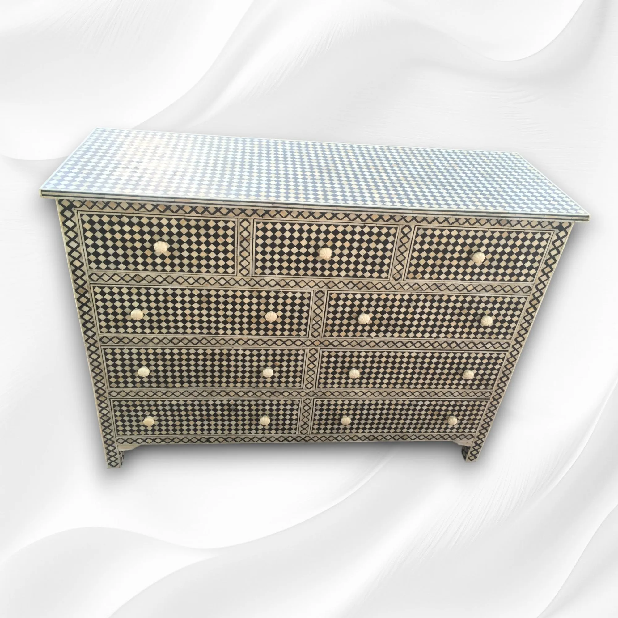 Black Bone Inlay 9 Drawer Checks Design Chest
