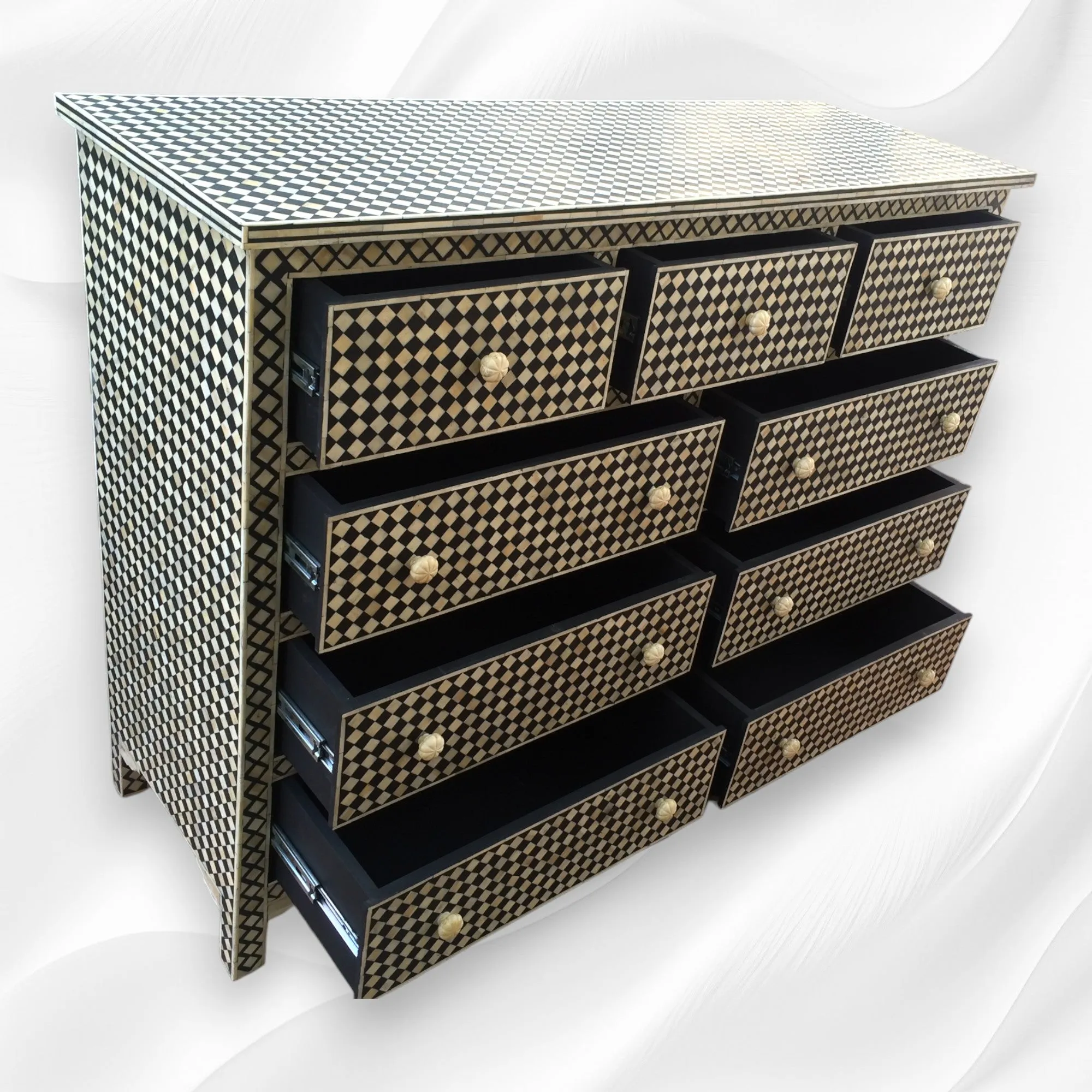 Black Bone Inlay 9 Drawer Checks Design Chest