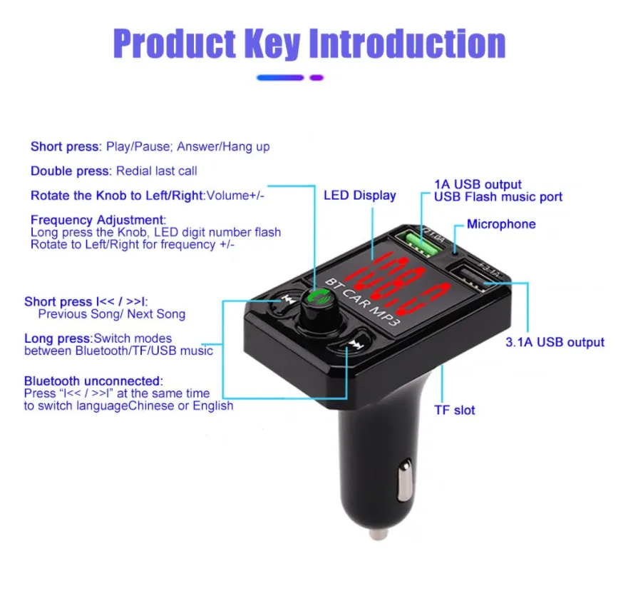 Bluetooth FM Transmitter Stereo MP3 Wireless Car Kit USB Charger 2