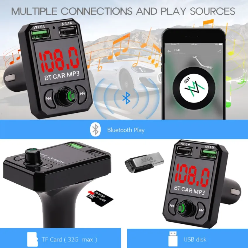 Bluetooth FM Transmitter Stereo MP3 Wireless Car Kit USB Charger 2