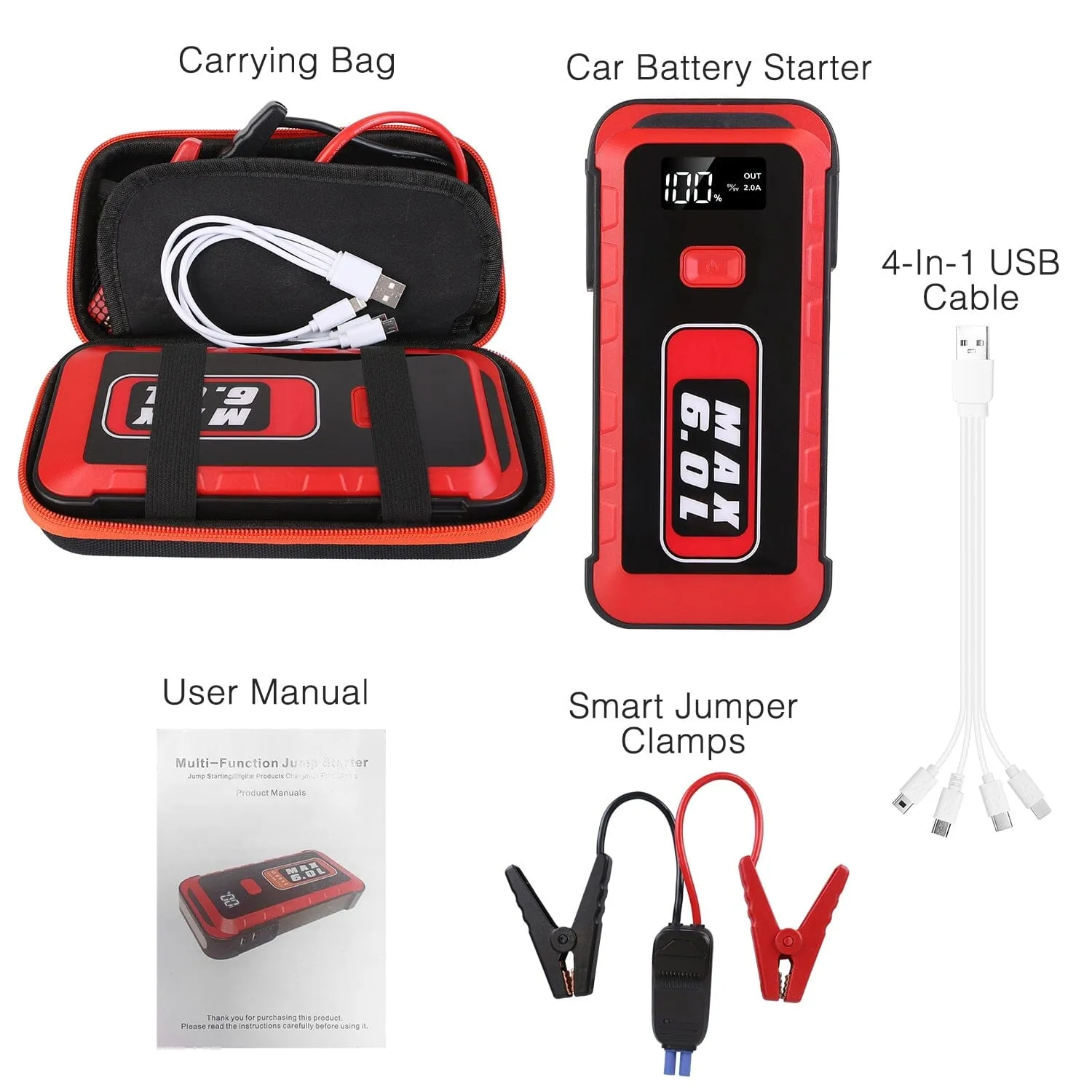 Car Jump Starter Booster 2500A Peak 25800mAh Battery Charger Power Bank