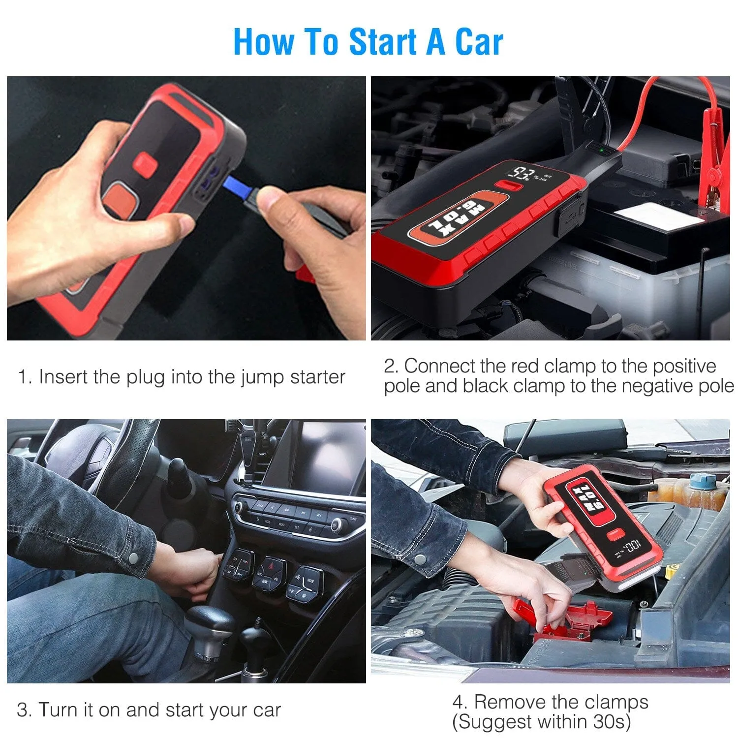 Car Jump Starter Booster 2500A Peak 25800mAh Battery Charger Power Bank