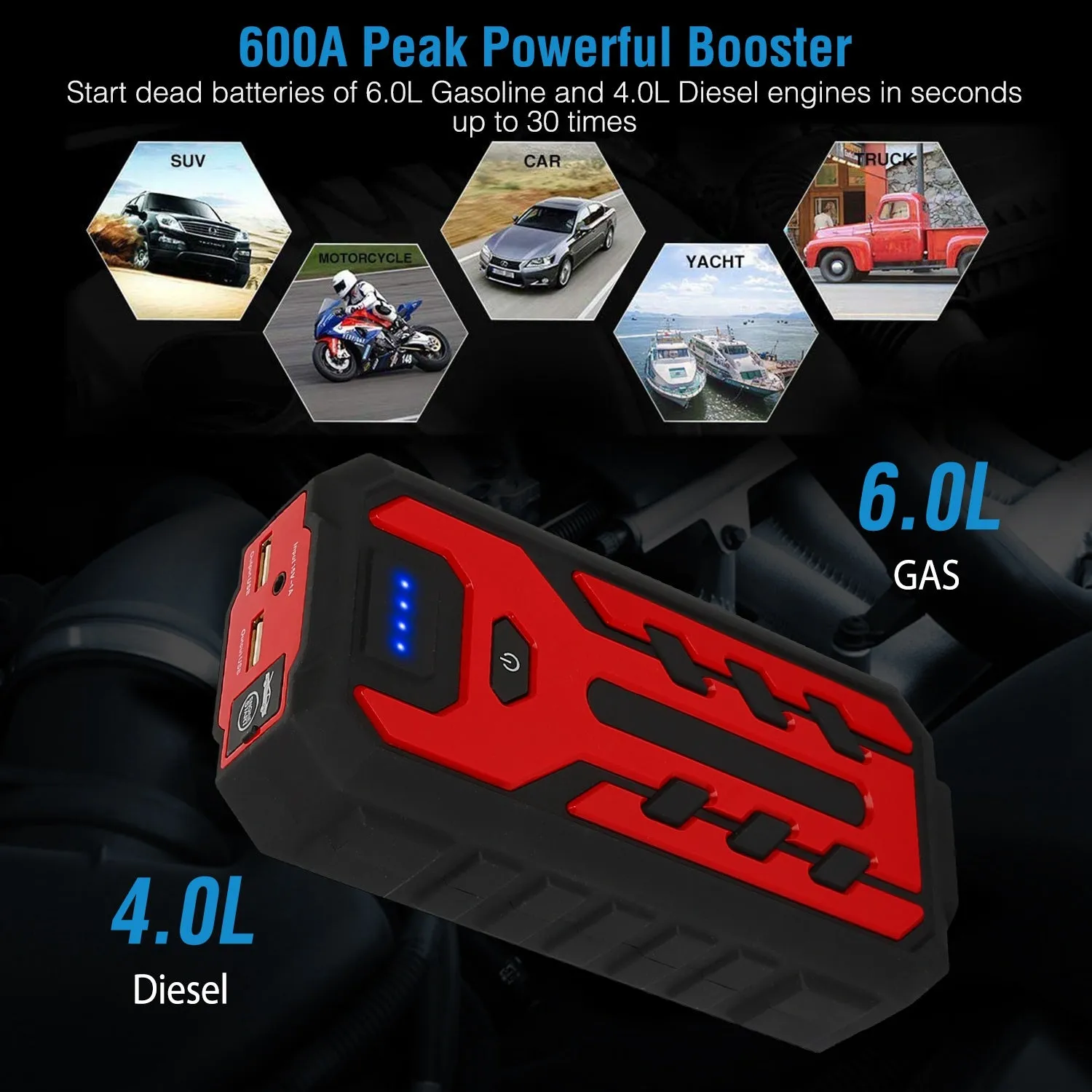 Car Jump Starter Booster with 4 Modes LED Flashlight