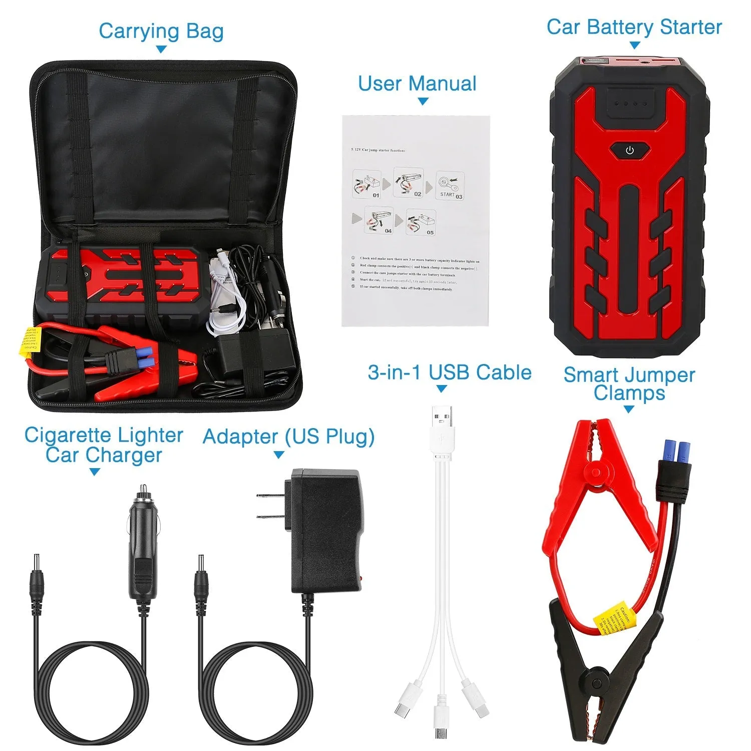 Car Jump Starter Booster with 4 Modes LED Flashlight