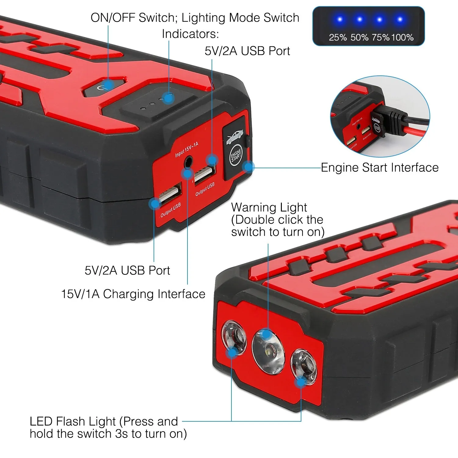 Car Jump Starter Booster with 4 Modes LED Flashlight