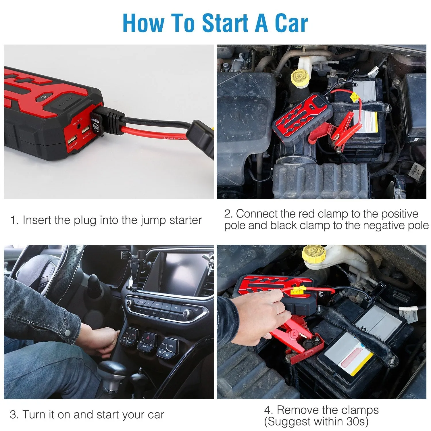 Car Jump Starter Booster with 4 Modes LED Flashlight
