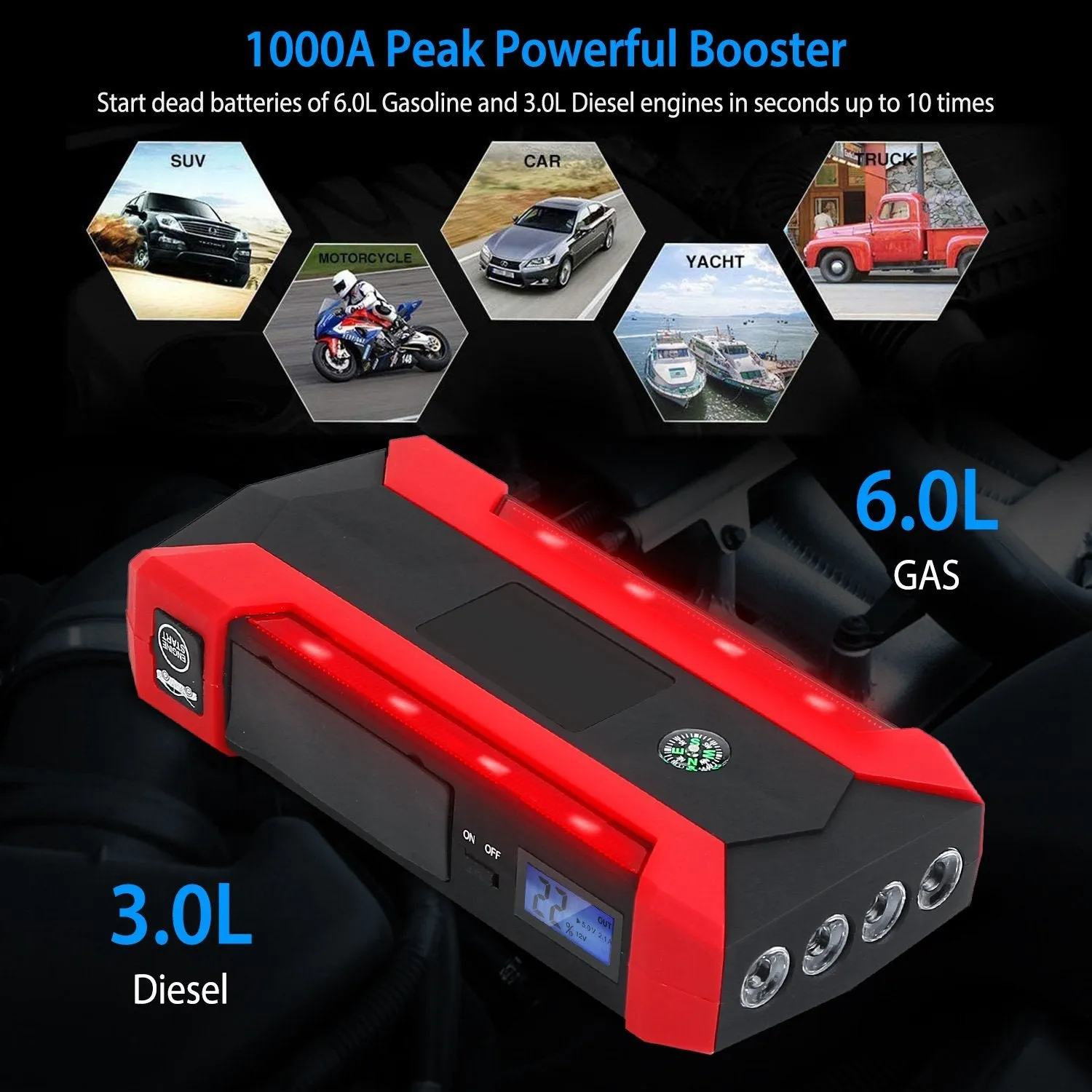 Car Jump Starter Booster with LCD Screen 4 Modes LED Flashlight