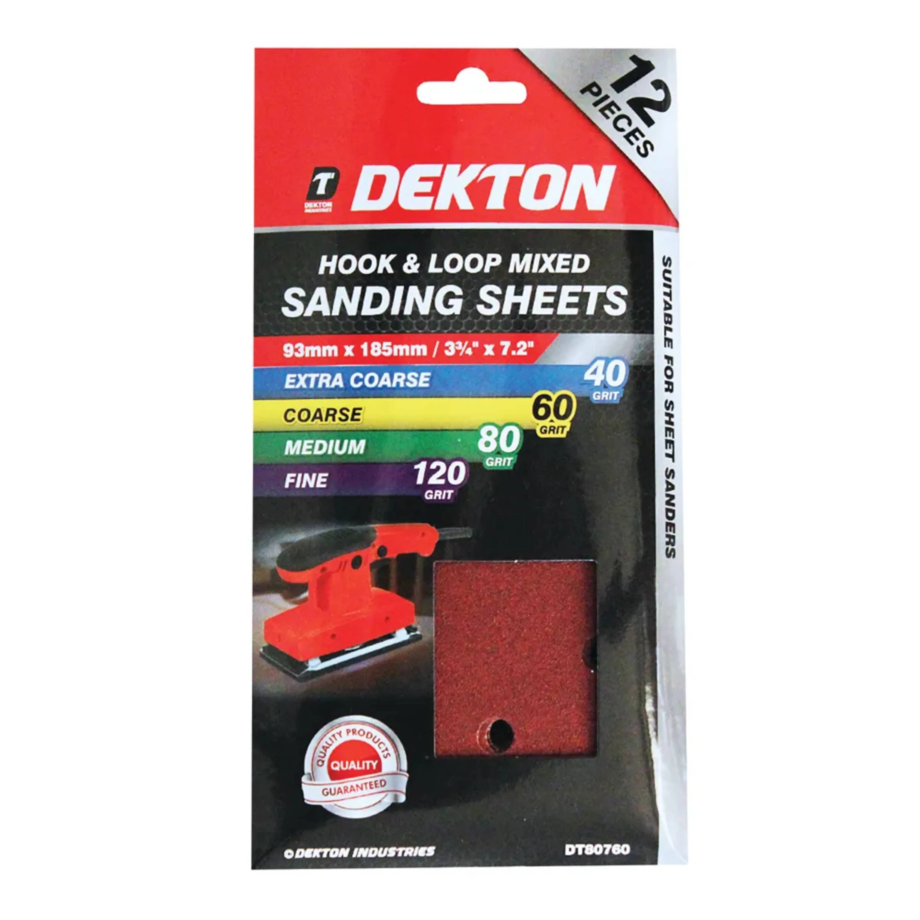 DEKTON 12PC Hook and Loop Mixed Sanding Sheets 93mm x 185mm - Assorted Grit