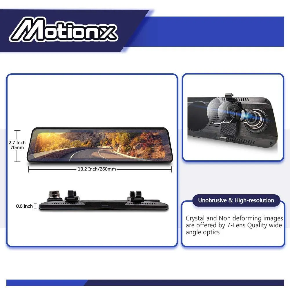 DZANKEN 10 Inch Mirror Dash Cam Backup Camera Full HD Touch Screen 1080P Stream Media Dual Lens 170° Wide Angle Rear View Camera with G-Sensor Included 32GB SD Card.
