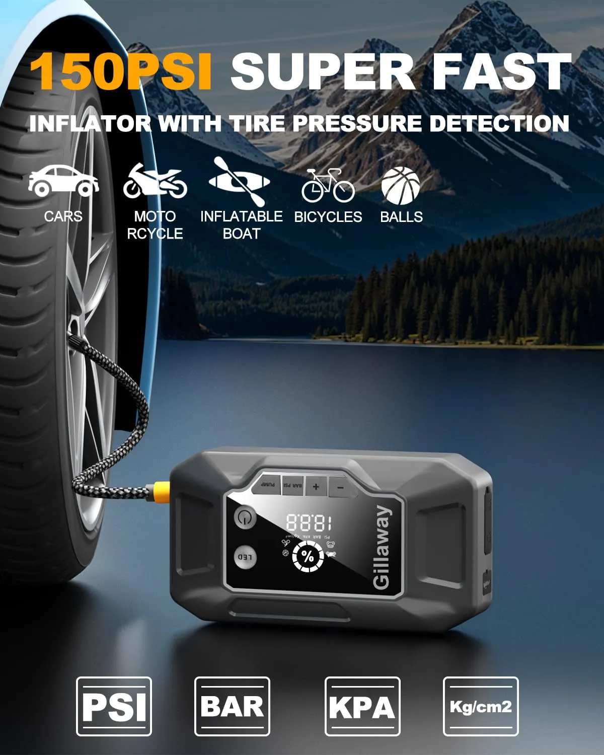 Gillaway Q11 4000A Car Jump Starter & 150PSI Air Compressor for 10L Gas/8.0L Diesel.