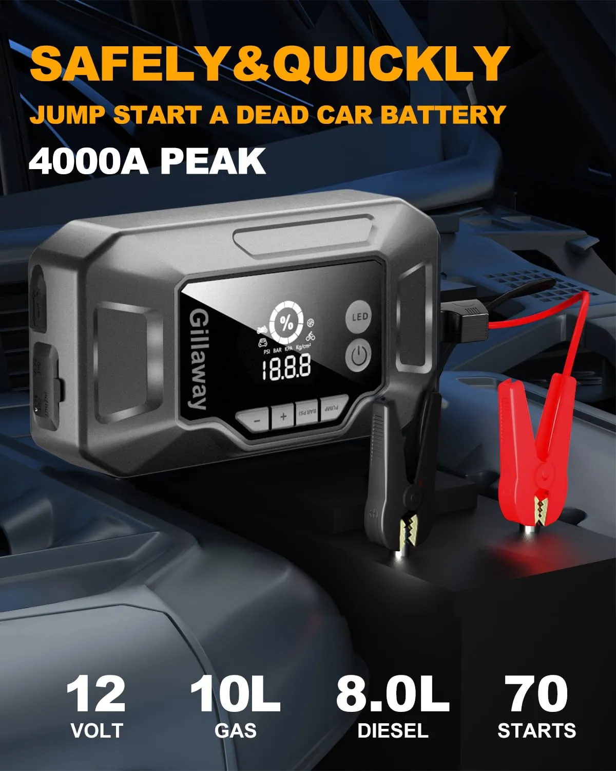 Gillaway Q11 4000A Car Jump Starter & 150PSI Air Compressor for 10L Gas/8.0L Diesel.