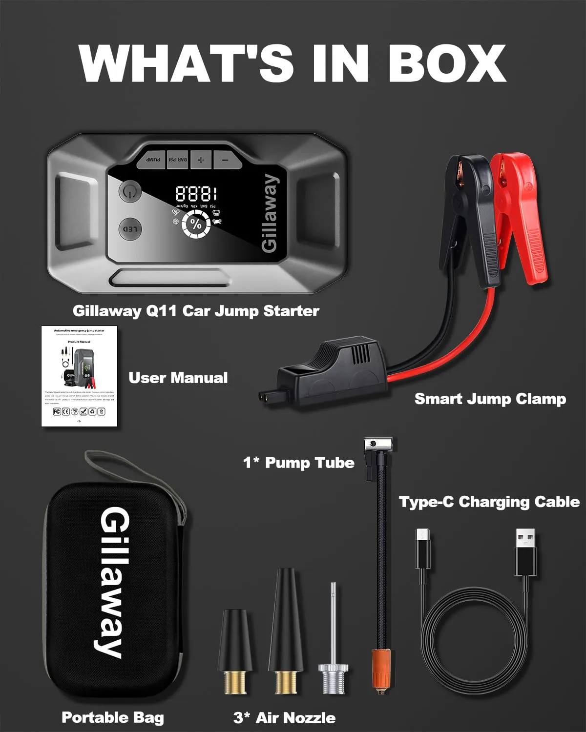 Gillaway Q11 4000A Car Jump Starter & 150PSI Air Compressor for 10L Gas/8.0L Diesel.