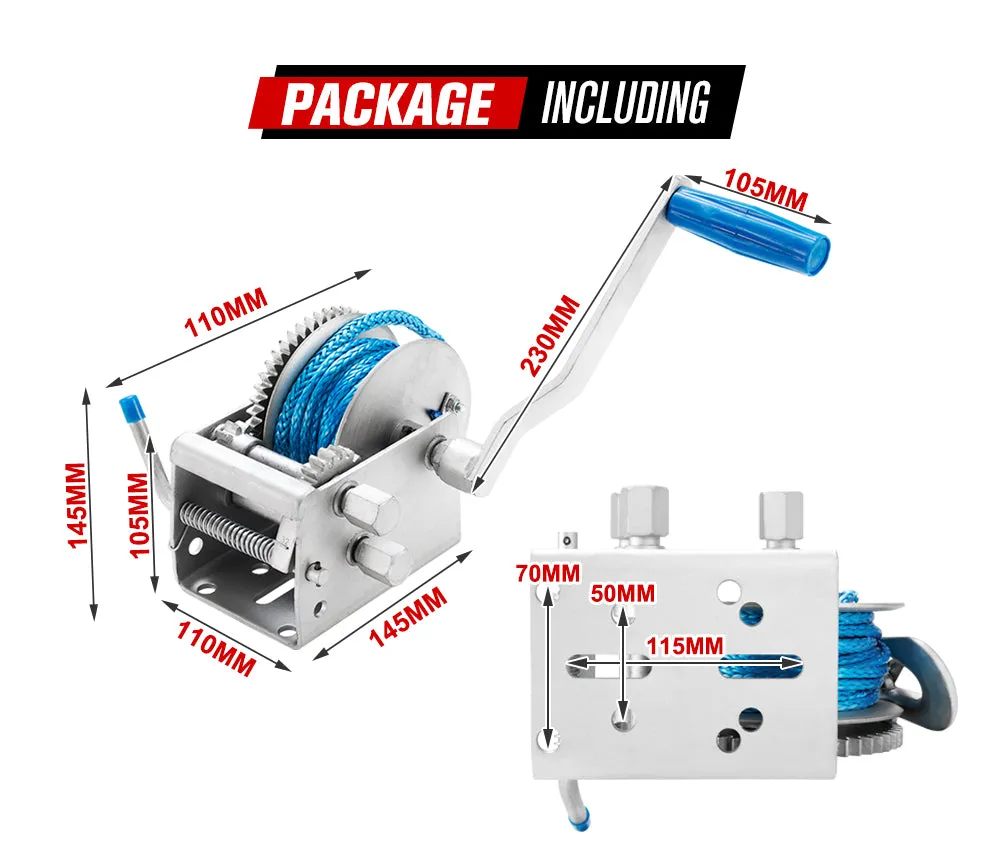 Hand Winch 2000KG/4410LBS 3 Speed Dyneema Synthetic Rope Boat Car Marine 10M