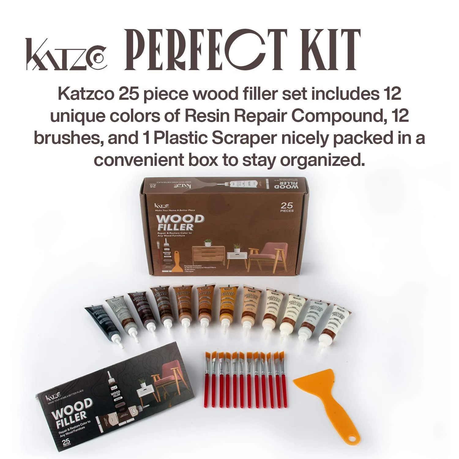 Katzco Furniture Repair Wood Fillers - Set Of 25 - Resin Repair Compounds And Brushes