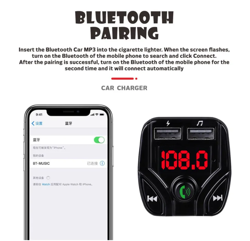 MP3 Wireless Adapter Charger Kit 2 Car Bluetooth FM Transmitter