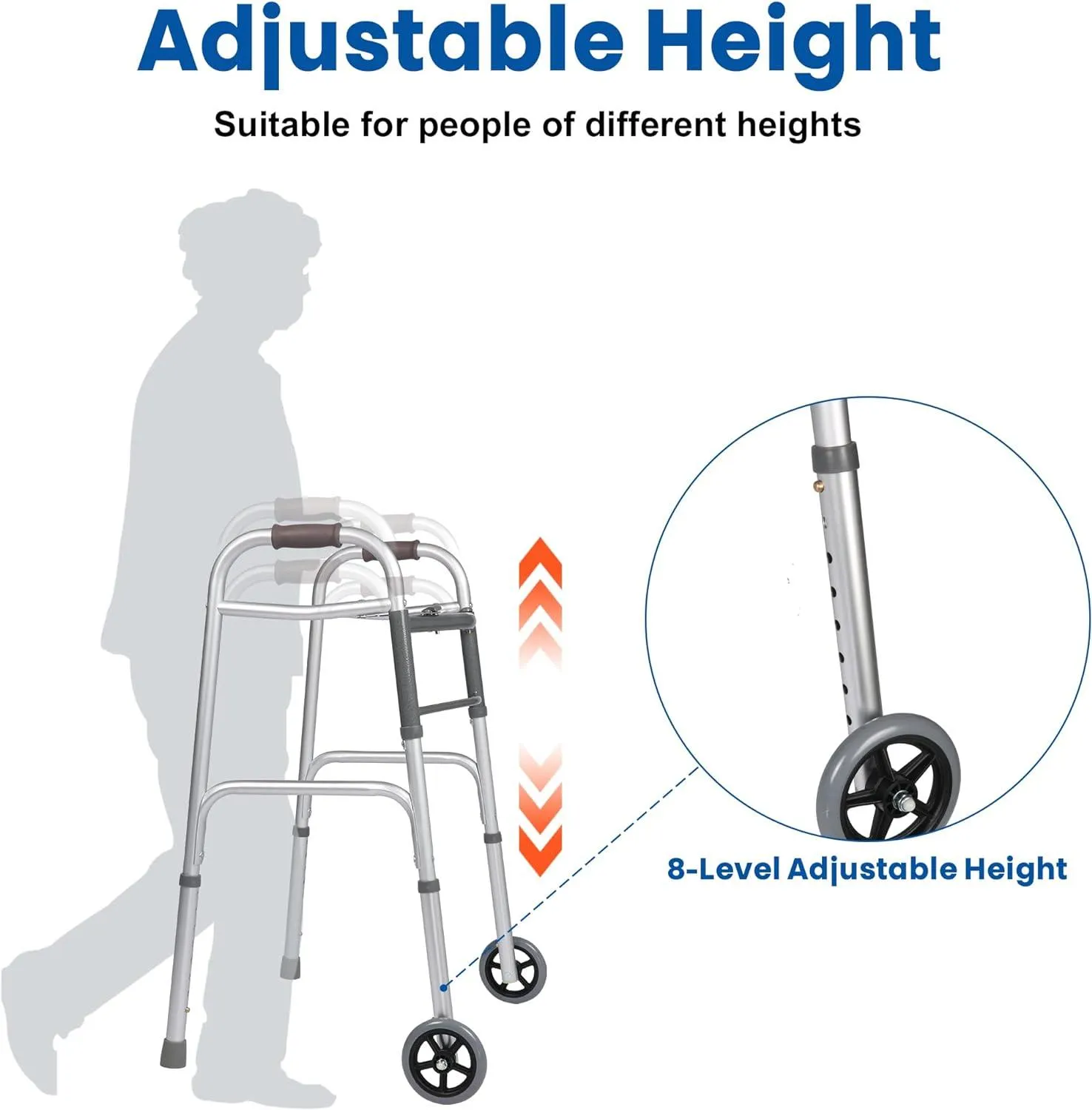 Versatile 32-39 Adjustable Foldable Walker with 5 Wheels & Folding Button, Supports up to 300 lbs