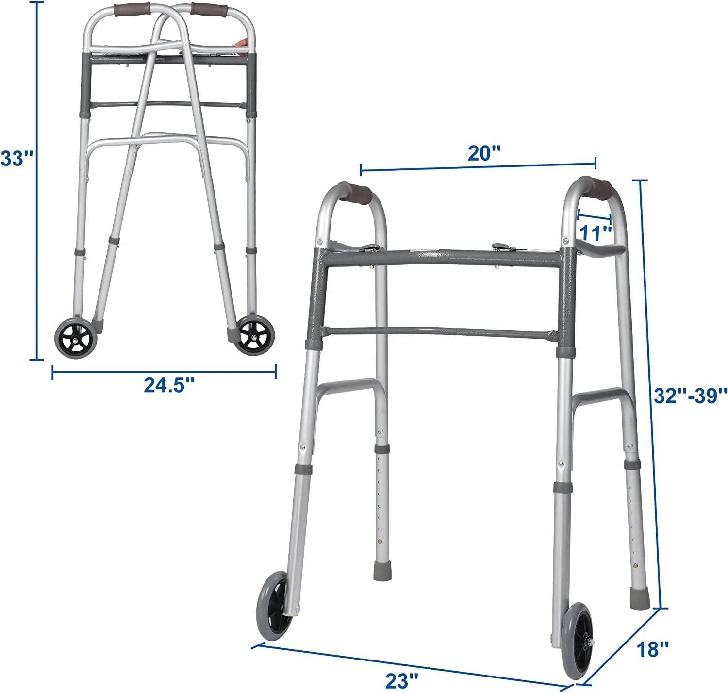Versatile 32-39 Adjustable Foldable Walker with 5 Wheels & Folding Button, Supports up to 300 lbs