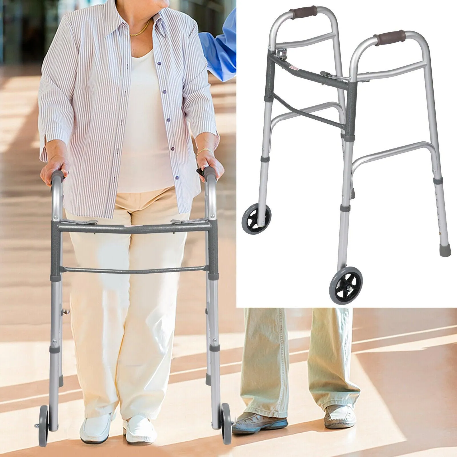Versatile 32-39 Adjustable Foldable Walker with 5 Wheels & Folding Button, Supports up to 300 lbs