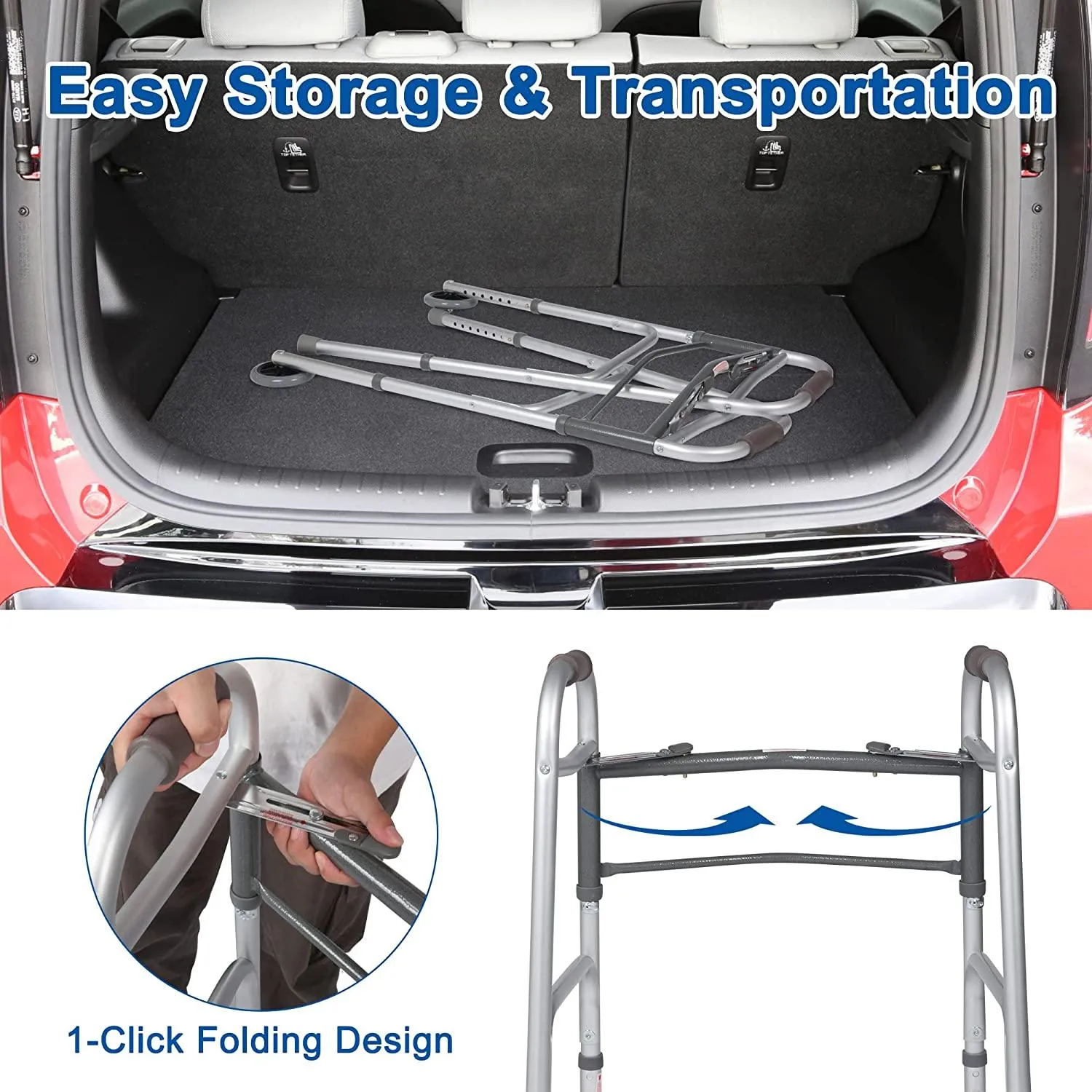 Versatile 32-39 Adjustable Foldable Walker with 5 Wheels & Folding Button, Supports up to 300 lbs