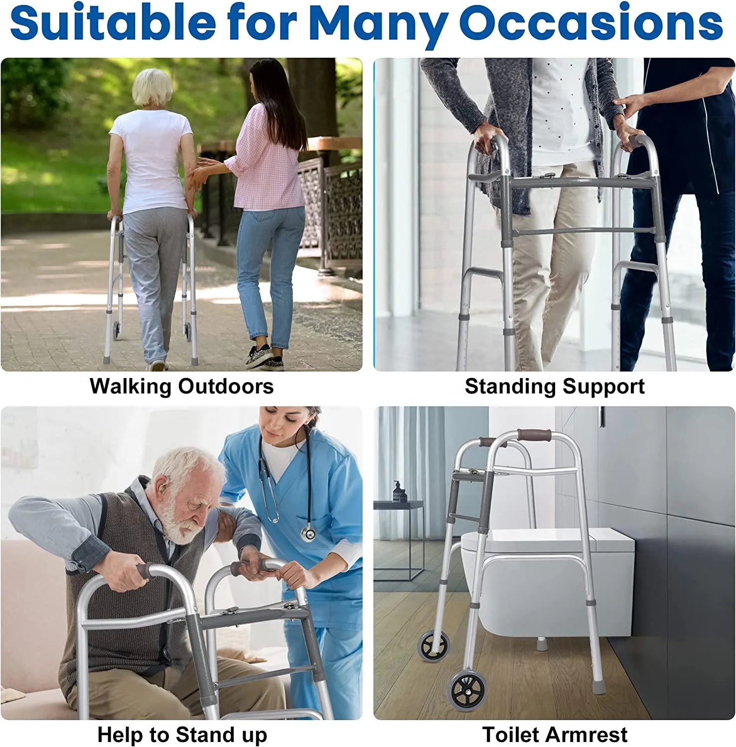Versatile 32-39 Adjustable Foldable Walker with 5 Wheels & Folding Button, Supports up to 300 lbs