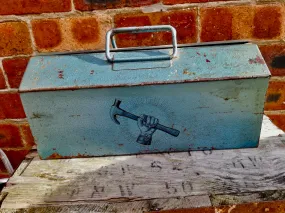 Vintage blue metal tool box with hammer design